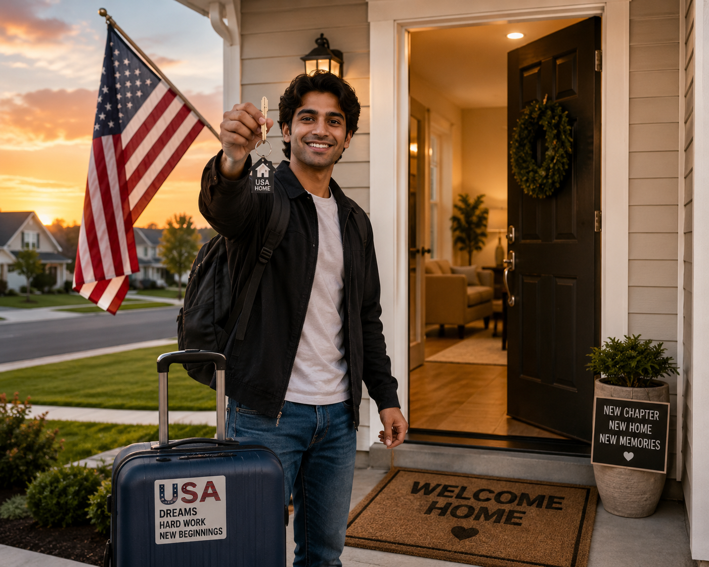 Young man holding house keys outside home